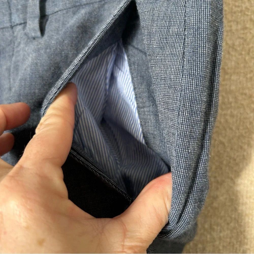 J Crew Bowery Slim Pants Mens Actual Size 30x30 Blue Linen Blend‎ Dress Slacks